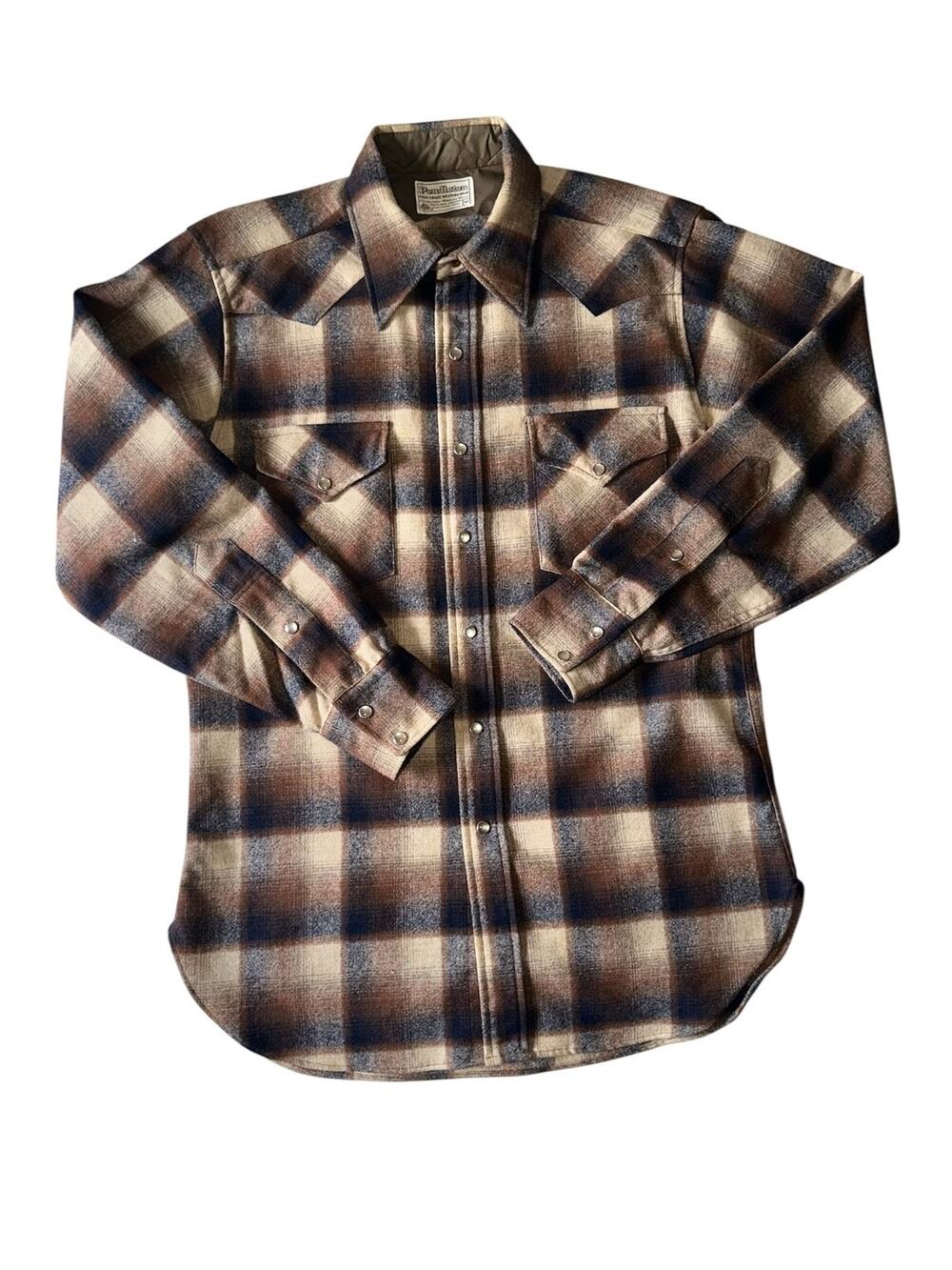 Vintage Pendleton Men's High Grade Western Flannel Medium Pearl Snap Plaid Brown